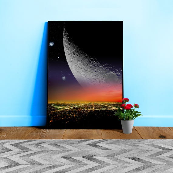 Giant Moon over Los Angeles: Moon Surreal Landscape Poster – Space Wall Art. Galaxy Decor, Futuristic Night City Print, Cosmic Surrealism