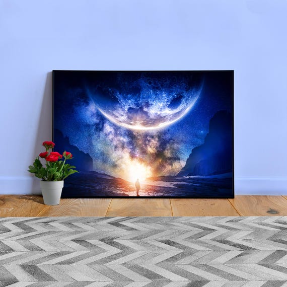 Moon poster with Giant Moon Over Horizon – Surreal Space Art, Cosmic Sci-Fi Wall Decor, Night Sky Landscape Print