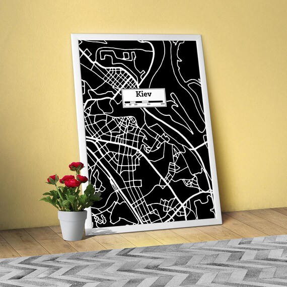 Kiev, Hand Drawn City Map Poster — Black White Modern Urban Art, Print for Travel Lovers and Minimalist Wall Decor, Black city poster