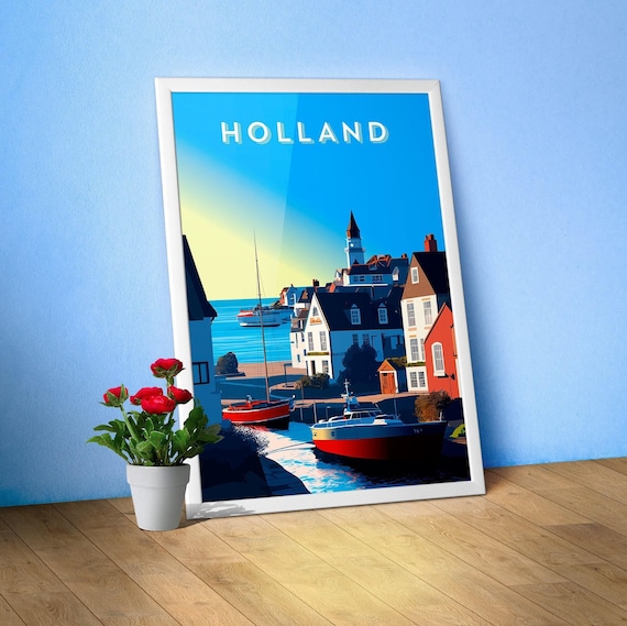 Netherlands/Holland — Retro travel minimalist poster, retro travel art, retro travel wall art, vector art