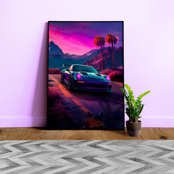 Synthwave aesthetic sport car poster [synthwave/vaporwave/cyberpunk] — anime poster, aesthetic art print, video game poster, neon light