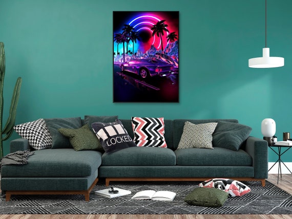 Synthwave car poster [synthwave/vaporwave/cyberpunk] — anime poster, aesthetic art print, video game poster, neon light, 1980s art