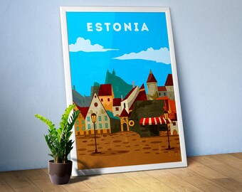 Estonia, Tallinn — Retro travel minimalist poster, retro travel art, retro travel wall art, vector art