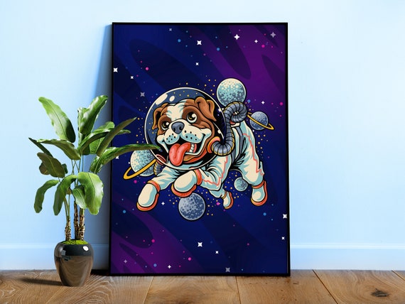 Dog Astronaut Art Poster - Funny space dog art, retro cosmic wall print, surreal pet astronaut decor, sci fi gift