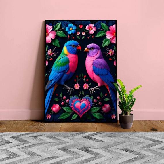 St. Valentines Day colorful poster: Tropical Birds and Flowers Wall Art — Vivid art with Exotic Birds ◾ Vibrant Nature Print for Home Decor