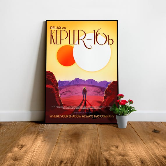 Planet Kepler-16 b — Retro space travel poster, Vintage 1950s space art print, retro sci-fi art with exoplanet
