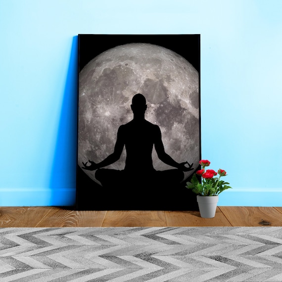 Moon Meditation Poster – Man Silhouette in Lotus Pose with Full Moon. Cosmos black art print, Yoga decor
