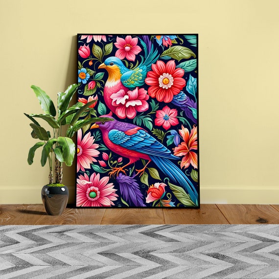 Colorful Tropical Birds Print – Floral Nature Wall Print ◾ Vibrant Exotic Bird Art, Botanical Jungle Decor, Digital Illustration