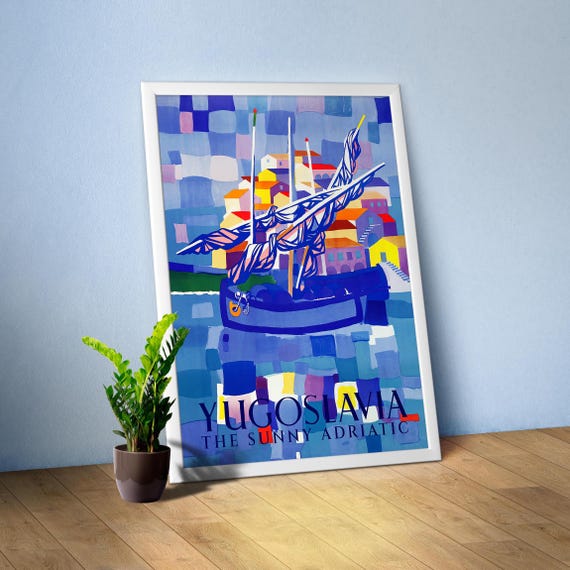 Yugoslavia. The sunny Adriatic (English version, 1953) — retro travel poster, vintage travel art print, 1950s wall decor and amazing gift