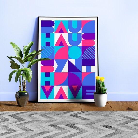 Bauhaus Synthwave #3 poster (pink-blue) — abstract poster, retrowave print, vaporwave geometric art, 1980s print, 1930s wall decor