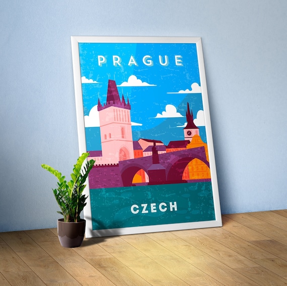 Prague, Czech — Retro travel minimalist poster, retro travel art, retro travel wall art, vector art