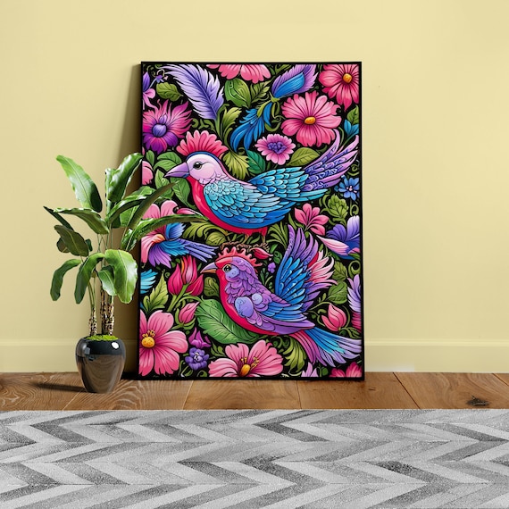 Tropical Birds and Flowers Wall Art — Colorful Poster with Exotic Birds ◾ Vibrant Nature Print for Home Decor, Boho Botanical Art