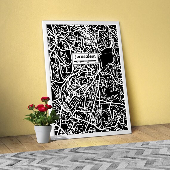 Jerusalem, Hand Drawn City Map Poster — Black White Modern Urban Art, Print for Travel Lovers and Minimalist Wall Decor, Black city poster