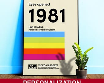 VHS cassette cover 1981 poster — Vibe 1980s. Personalized gift. Retrowave art print with custom year Gift, Vivid Geometric art for gamers