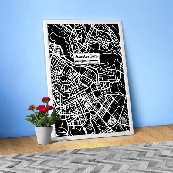 Amsterdam, Hand Drawn City Map Poster — Black White Modern Urban Art,Print for Travel Lovers and Minimalist Wall Decor, Black city poster