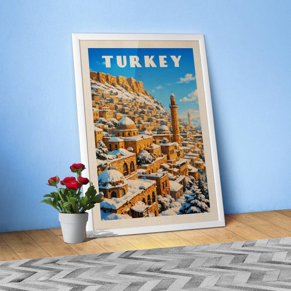 Winter Mardin, Turkey poster – Vintage Travel Print. Snowy Mardin Cityscape Wall Art, Retro Turkey Travel Decor
