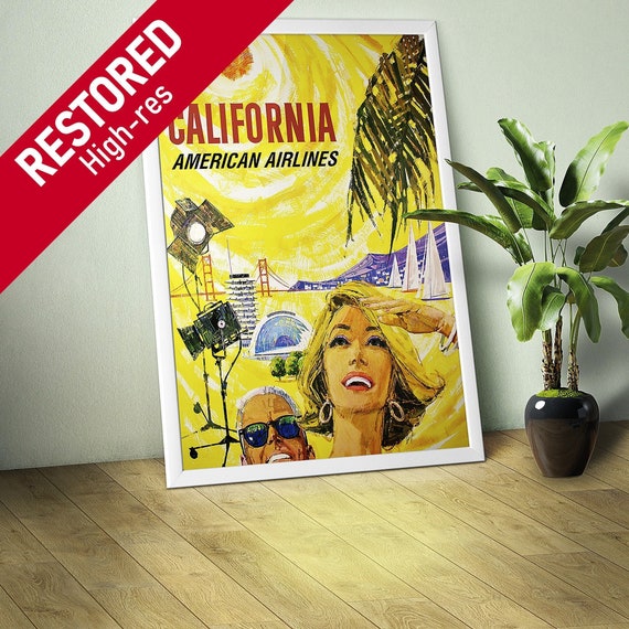 California, American Airlines, 1950s — retro vintage travel poster, retro travel art, retro travel wall art, vintage wall decor