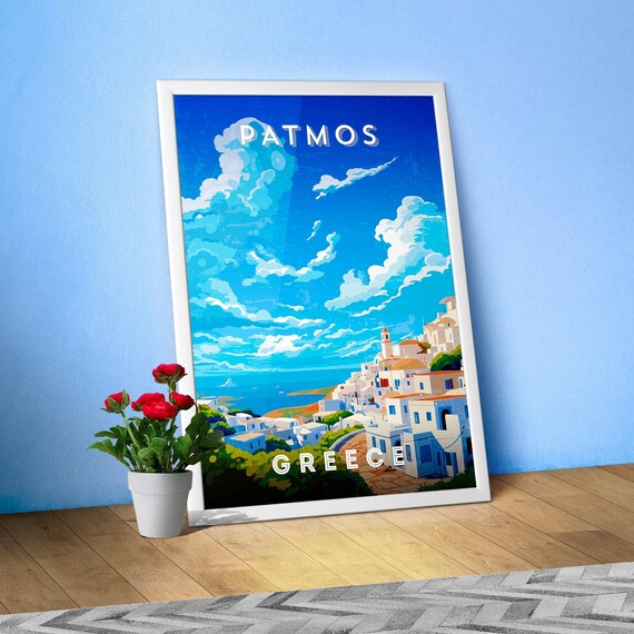 Greece, Patmos — Retro travel minimalist poster, retro travel art, retro travel wall art, vector art