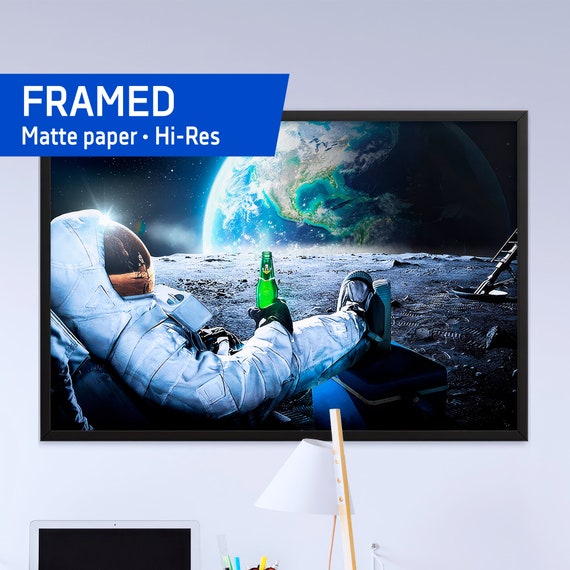 Astronaut on the Moon with beer ∎∎∎ — Framed poster. Space poster, science poster, space photo