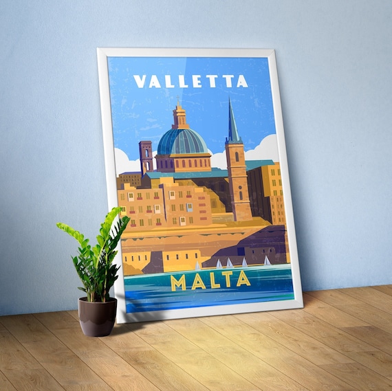 Valletta, Malta — Retro travel minimalist poster, retro travel art, retro travel wall art, vector art
