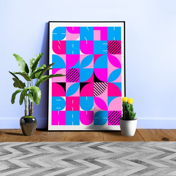 Bauhaus Synthwave #2 poster (fuchsia/magenta-blue) — abstract poster, retrowave print, vaporwave geometric art, 1980s print,1930s wall decor