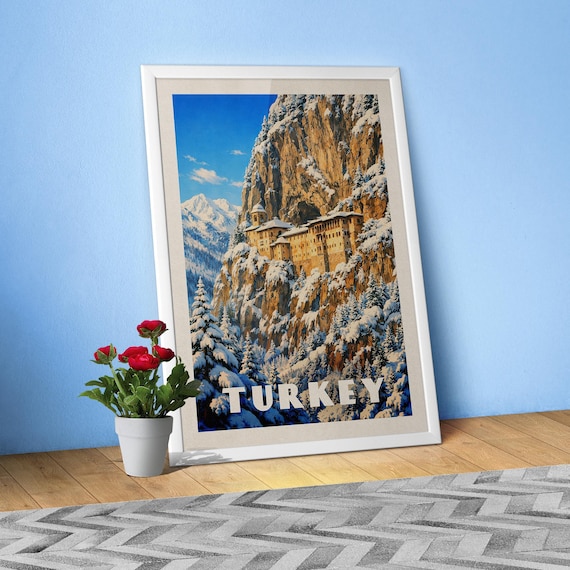 Sumela Monastery/Sümela Manastırı Turkey Poster – Winter Travel Print, Trabzon Mountain Landscape Wall Art, Vintage Turkey Decor