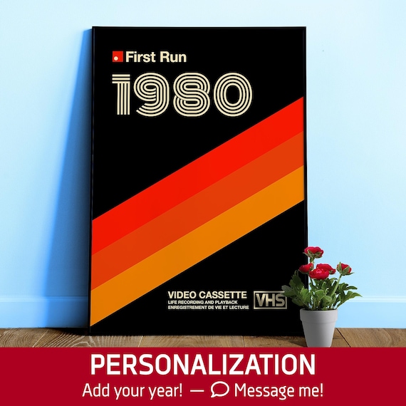 VHS 1980 cassette cover poster — Personalized 1980s art print. Retrowave wall decor with custom year Gift 1970s, Typography print for gamer