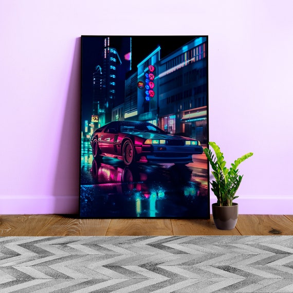 Sleek retrowave car poster with neon lights [synthwave/vaporwave/cyberpunk] — anime poster, aesthetic art print, video game poster
