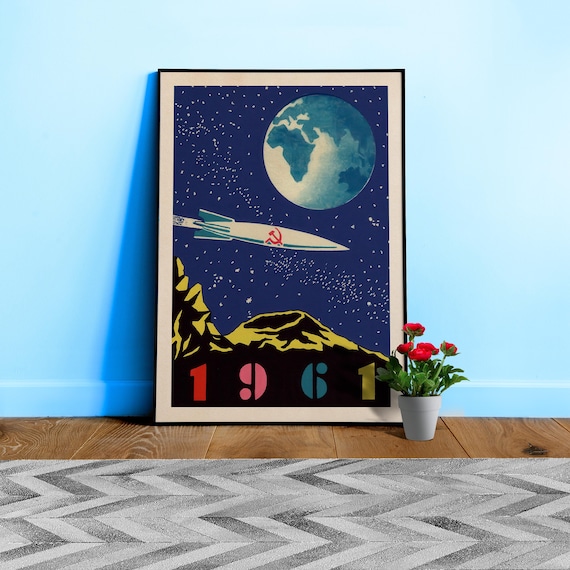 Soviet space, USSR 1961 — Soviet space poster, retro Soviet art, vintage space print, propaganda poster