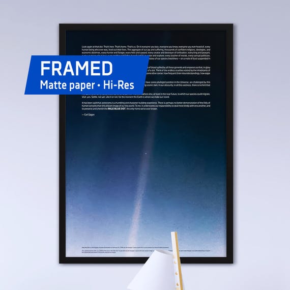 Pale Blue Dot poster with astronomy quote, NASA Voyager 1 (2020 revis.) — Framed matte paper poster. Space poster, Science art print, gift