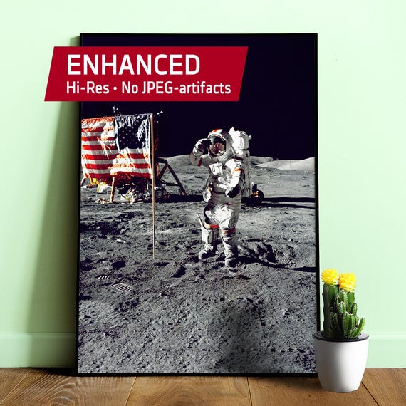 NASA Apollo 17: Eugene A. Cernan and American Flag, 12 December 1972 — Space poster, Art photo print, Moon print, science wall decor, iconic