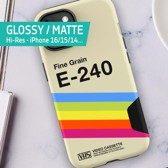 VHS cassette case · E-240 [retrowave/vaporwave] — Tough Case for iPhone 16/15/14/13 (Glossy/Matte). 80s iPhone case. Retro phone case