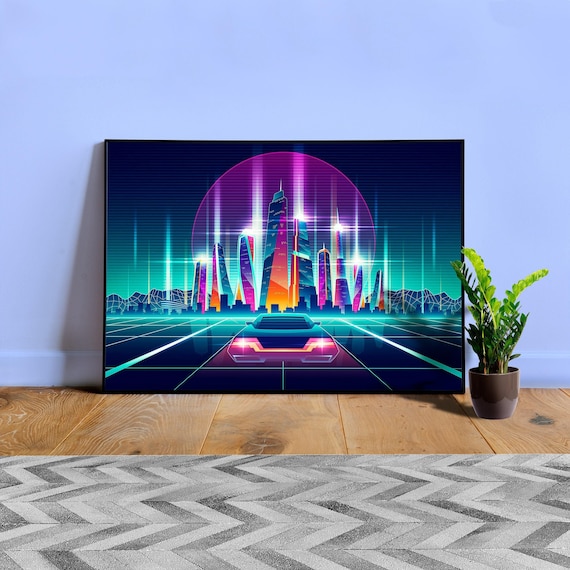 Synthwave Neon City: sport car & city [synthwave/vaporwave/cyberpunk] — aesthetic poster, retrowave poster, neon poster