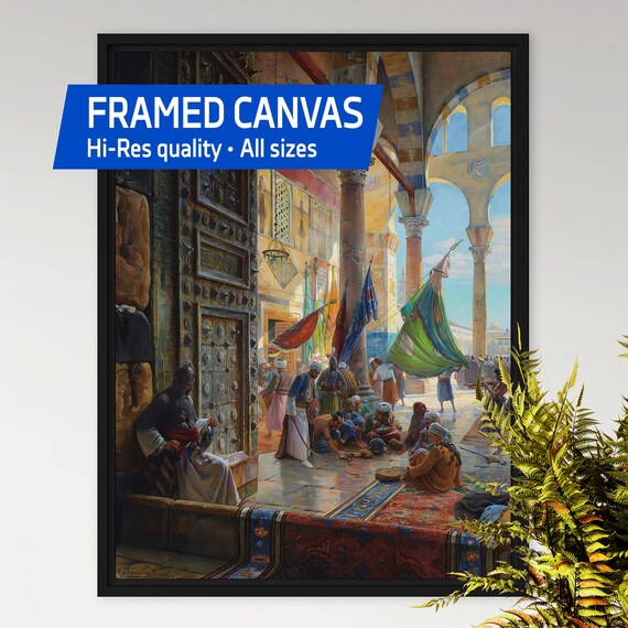 Forecourt of the Umayyad Mosque, Damascus 1890 — Framed canvas, Gustav Bauernfeind. Muslim Prayer Scene, Orientalist Poster,Islamic City Art