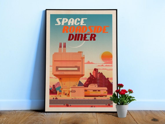 Space Roadside Diner — Vintage space poster, retro space art, propaganda poster, retrofuturism, Wes Anderson poster, retro sci-fi