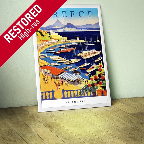 Greece, Athens bay, 1955 — retro vintage travel poster, retro travel art, retro travel wall art