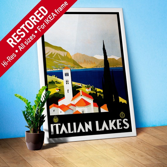 Italy 1930, Italian lakes — retro vintage travel poster, retro travel art, retro travel wall art