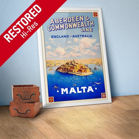 Malta, Valletta, 1930s — Retro vintage travel poster, retro travel poster, art deco poster