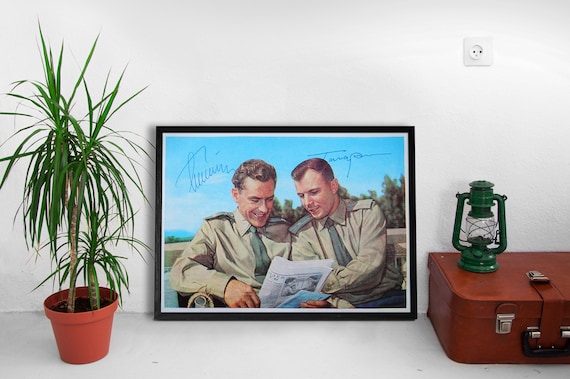Titov & Gagarin, Soviet postcard 1961 — Vintage USSR space poster. Restored print, retro propaganda wall art, mid century cosmos