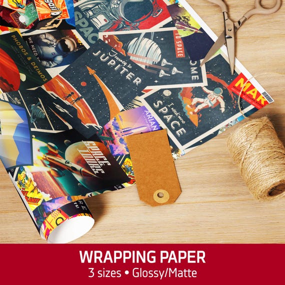 Retro Space Posters Wrapping Paper β Vintage Sci-Fi Gift Wrap for Christmas and New Year, Mid-Century 1950s Space Age Holiday Packaging