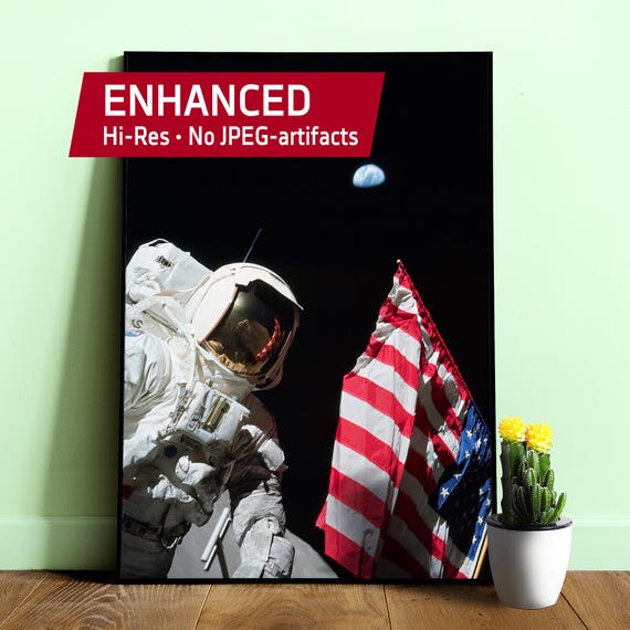 NASA Apollo 17: Astronaut Harrison Schmitt, American Flag and Earth, 1972 — Space poster, Art photo print, Moon print, science wall decor