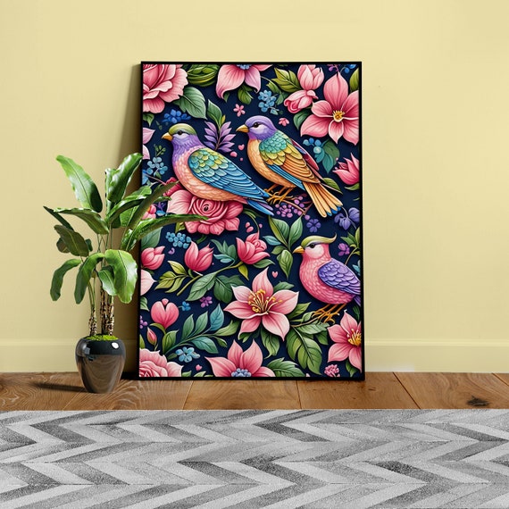 Colorful Tropical Birds Print – Floral Nature Wall Print ◾ Vibrant Exotic Bird Art, Botanical Jungle Decor, Digital Illustration