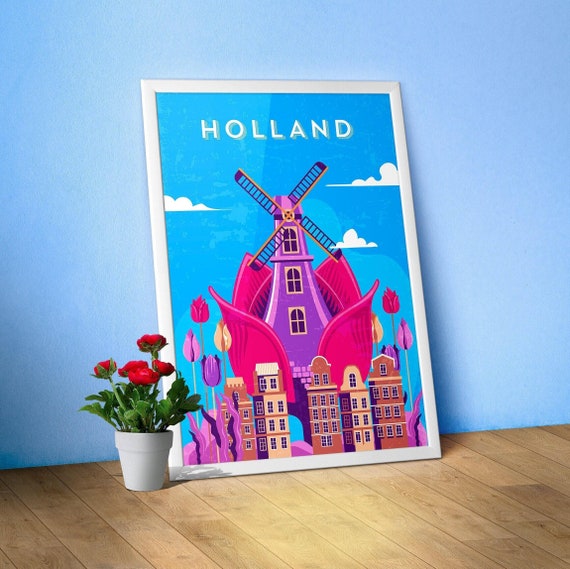 Amsterdam, Netherlands/Holland — Retro travel minimalist poster, retro travel art, retro travel wall art, vector art