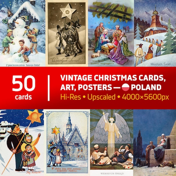 Vintage Polish Christmas Cards Digital Download – 50 Retro Holiday Cards from Poland, Hi-Res 2026 Printable Xmas Art Bundle