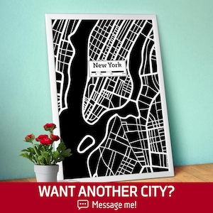 New York, affiche de carte de la ville dessinée à la main — Art urbain moderne noir et blanc, impression pour les amateurs de voyage et décoration murale minimaliste, affiche de ville noire