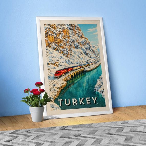 Winter Express, Turkey art poster – Vintage Travel Print. Snow Train Landscape Wall decor, Retro Turkey Travel art print