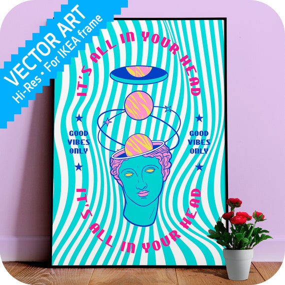 Good vibes only Poster — Retro quote print, Aesthetic Memphis 80s wall art, bold color pop decor, feel good affirmation, vaporwave design