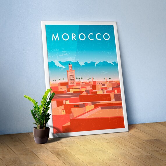 Morocco, Marrakesh — Retro travel minimalist poster. Retro travel art, retro travel wall art, vector art