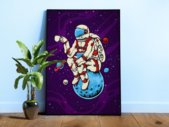 Coffee in Space Poster - Funny astronaut wall print, retro moon art, cosmic coffee decor, sci fi gift idea