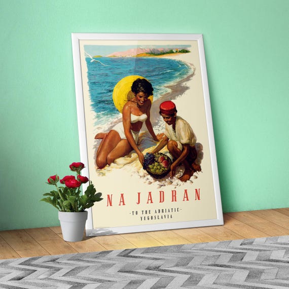 Na Jadran, Yugoslavia poster, 1952 – Vintage Yugoslavia Travel Print, Adriatic Beach Retro Wall Art, Rare Mid Century Decor
